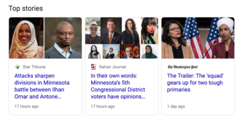 A screenshot of three stories in a carousel that reads, “Top stories” and has three news organizations coverage of Minnesota’s 5th Congressional District race.