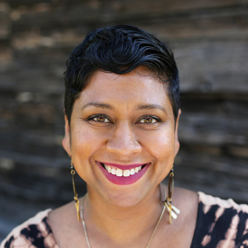 Anisha smiling into the camera wearing long, dangly earrings and a dark and light brown shirt.