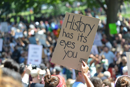 photo of protestor holding up a sign reading "history has its eyes on you"