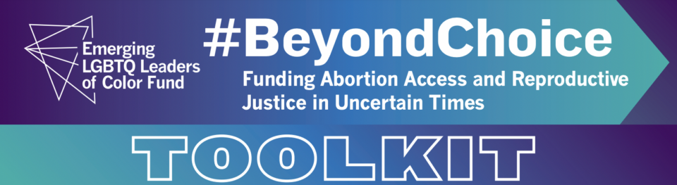 Graphic with the Emerging LGBTQ Leaders of Color Fund logo and text reading, "#BeyondChoice: Funding Abortion Access and Reproductive Justice in Uncertain Times Toolkit."