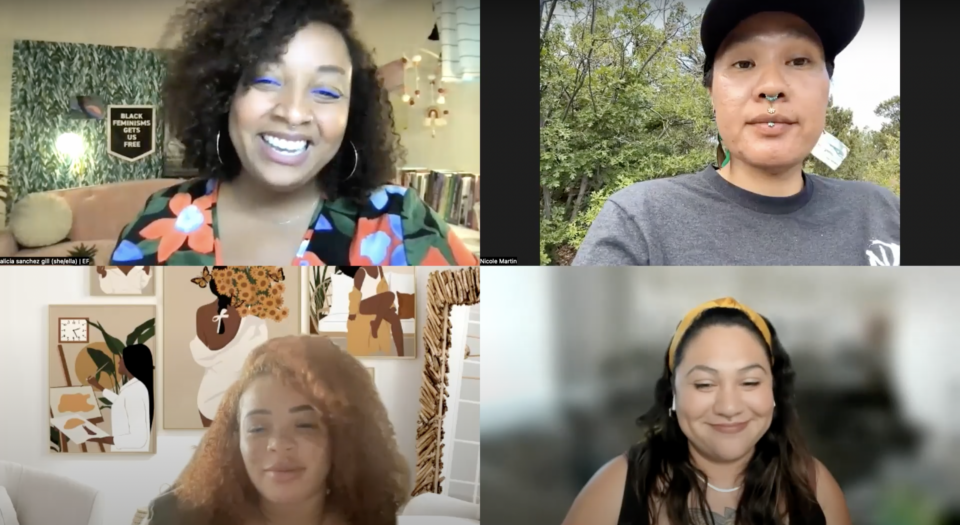 Screenshoot of Zoom recording. alicia sanchez gill is pictured in the top-left square. She has curly brown hair and colorful, flowery top. Nicole Martin is pictured in the top-right square. They are wearing a cap and gray shirt. Dr. Krystal Redman is pictured in the bottom-left square. She has curly red hair. Rachael Lorenzo is pictured in the bottom-right square. They are wearing an orange bandana and black top. 