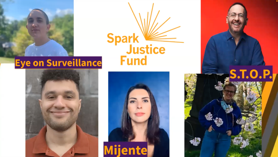 Headshots of grantee speakers Jacinta González of Mijente, Sam Van Doran and Albert Fox Cahn of S.T.O.P., and Lucy Blumberg and Marvin Arnold of Eye on Surveillance.
