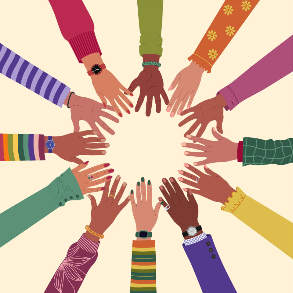 Many multiracial hands on top of each other in a circle. Diverse people and cultures, tolerance, racial equality. Hand drawn vector vector illustration isolated on light background, flat cartoon style
