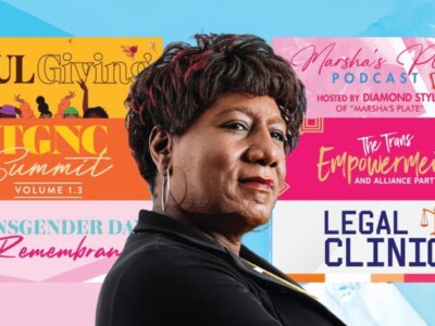 Alt text: A graphic design of the late Monica Roberts. She has short black hair with red streaks and is wearing silver hoops and a black blazer. In the backdrop are six flyers listing the events of the 2023 Black Trans Empowerment Week