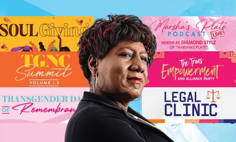 Alt text: A graphic design of the late Monica Roberts. She has short black hair with red streaks and is wearing silver hoops and a black blazer. In the backdrop are six flyers listing the events of the 2023 Black Trans Empowerment Week