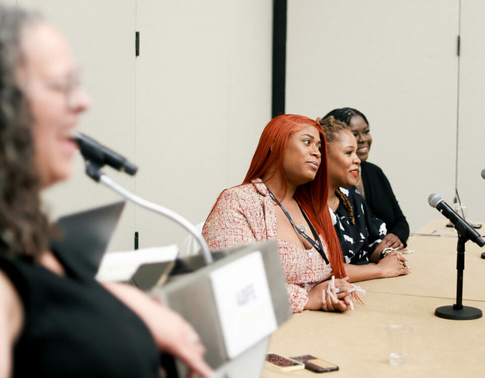 FTG Program Director Dominique Morgan, Shawnda Chapman of Ms. Foundation for Women, and Deshaneir King of Women on the Rise are seated at a conference table. Dominique Morgan, with long red hair, wears a pink patterned blazer. Shawnda Chapman’s hair is in locs and is wearing a black and white blouse. Deshaneir King has long dark braids. All three look out and smile kindly into the audience.