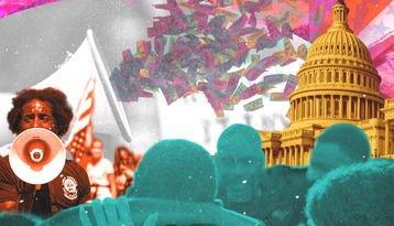 A dynamic collage with a warm color scheme featuring a Black man speaking through a megaphone, a group of people huddled together, and the U.S. Capitol building. The image also includes floating dollar bills, symbolizing themes of activism, unity, and political engagement.