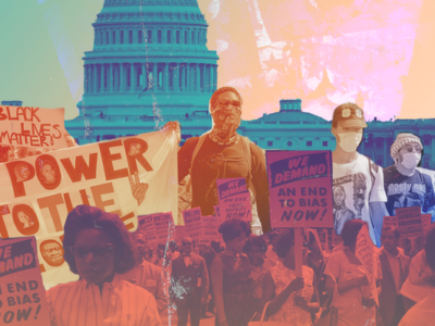 A vibrant collage depicting a diverse group of protesters holding signs, including 'ALL POWER TO THE PEOPLE' and 'WE DEMAND AN END TO BIAS NOW!' in front of the U.S. Capitol building. The image combines elements of past and present activism, with the Capitol serving as a backdrop to the demonstration, symbolizing the ongoing struggle for civil rights and social justice.