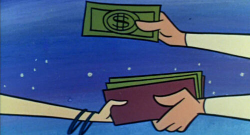 A cartoon-style illustration showing two hands exchanging money against a blue background. One hand holds a red wallet filled with green bills, while the other hand extends a single bill marked with a dollar sign.